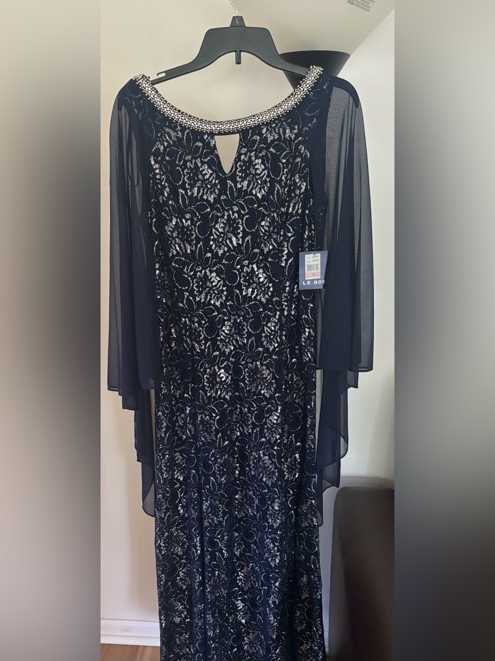 BCBG Black and Silver Sequin Maxi Dress with Sheer Cape size 10